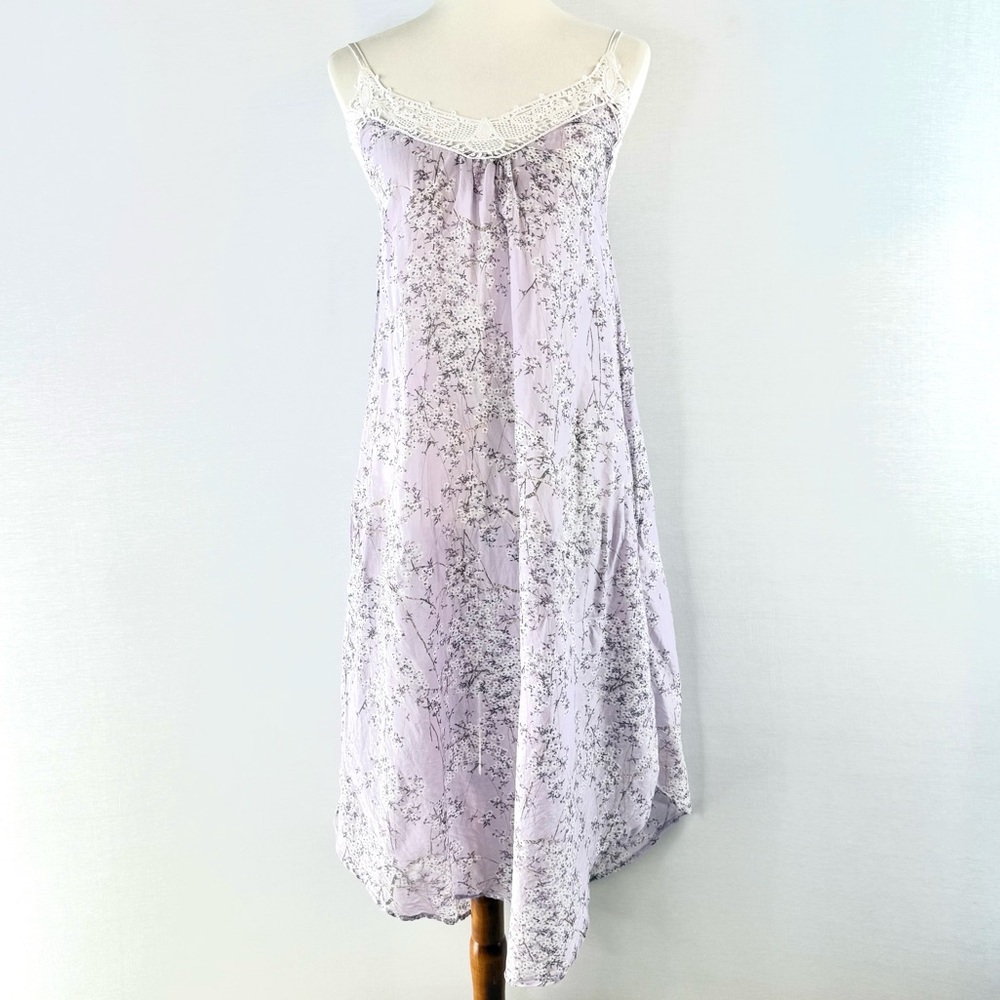 Papinelle Lavender Floral Silk Cotton Blend Lace Trim Nightgown with pockets